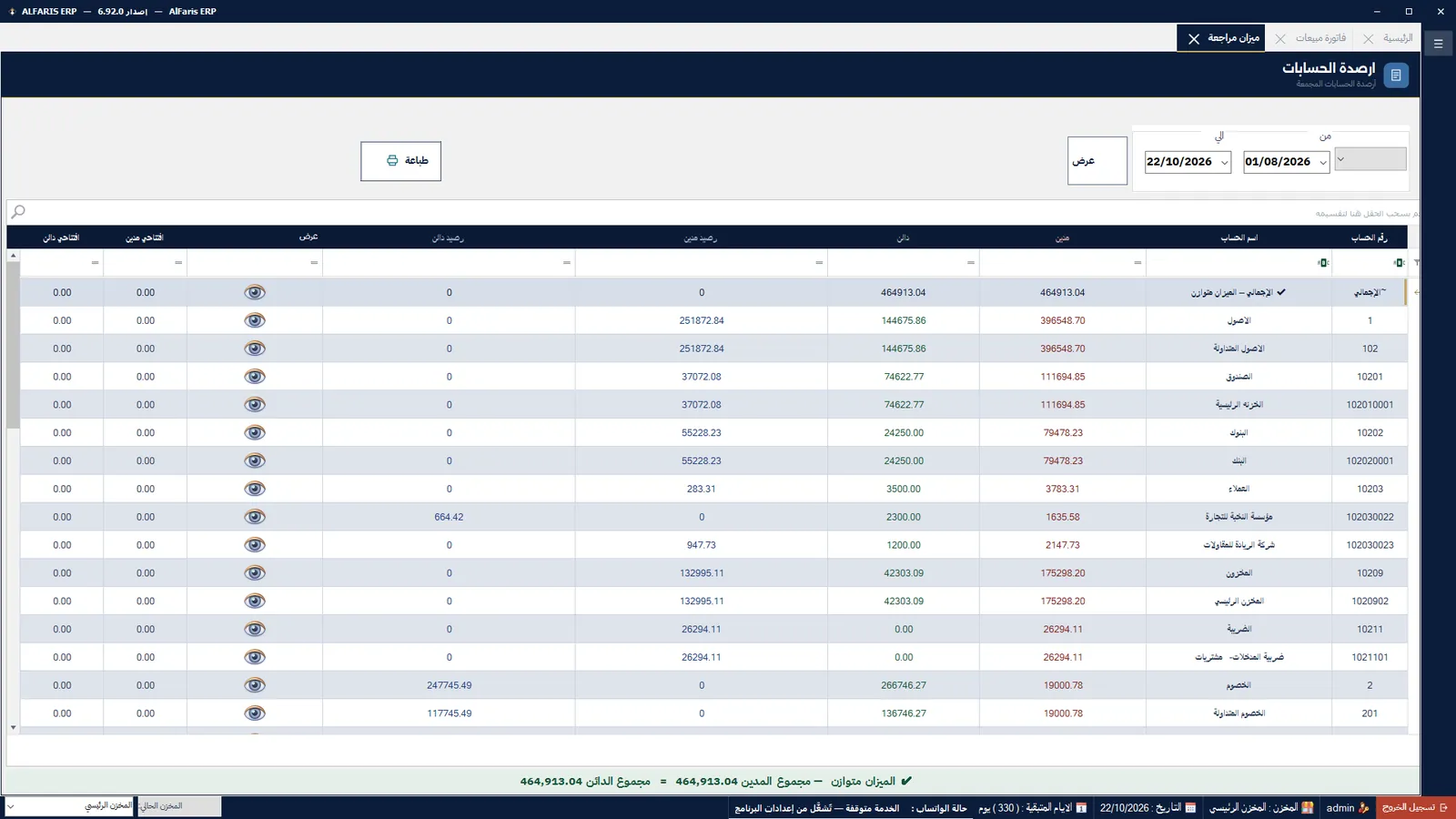 ميزان المراجعة في برنامج الفارس ERP